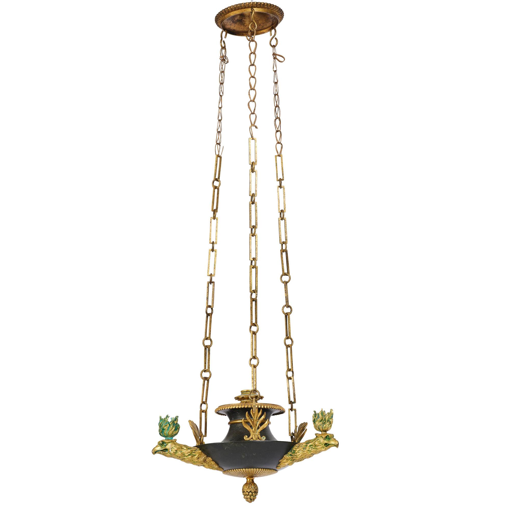 An Empire ormolu and patinated bronze four-light chandelier, Stockholm, early 19th century.
