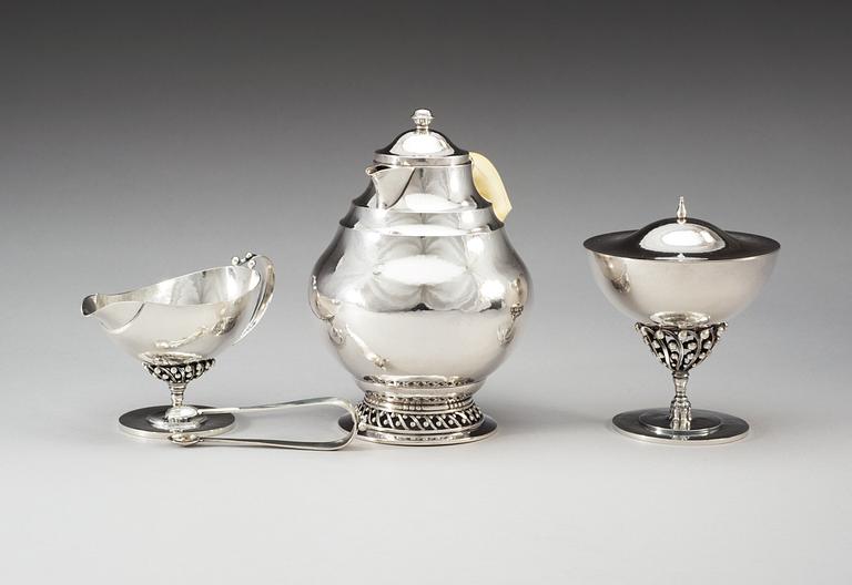 A Johan Rohde three pcs of coffee service, 830/1000 silver, by Georg Jensen, Copenhagen ca 1919.