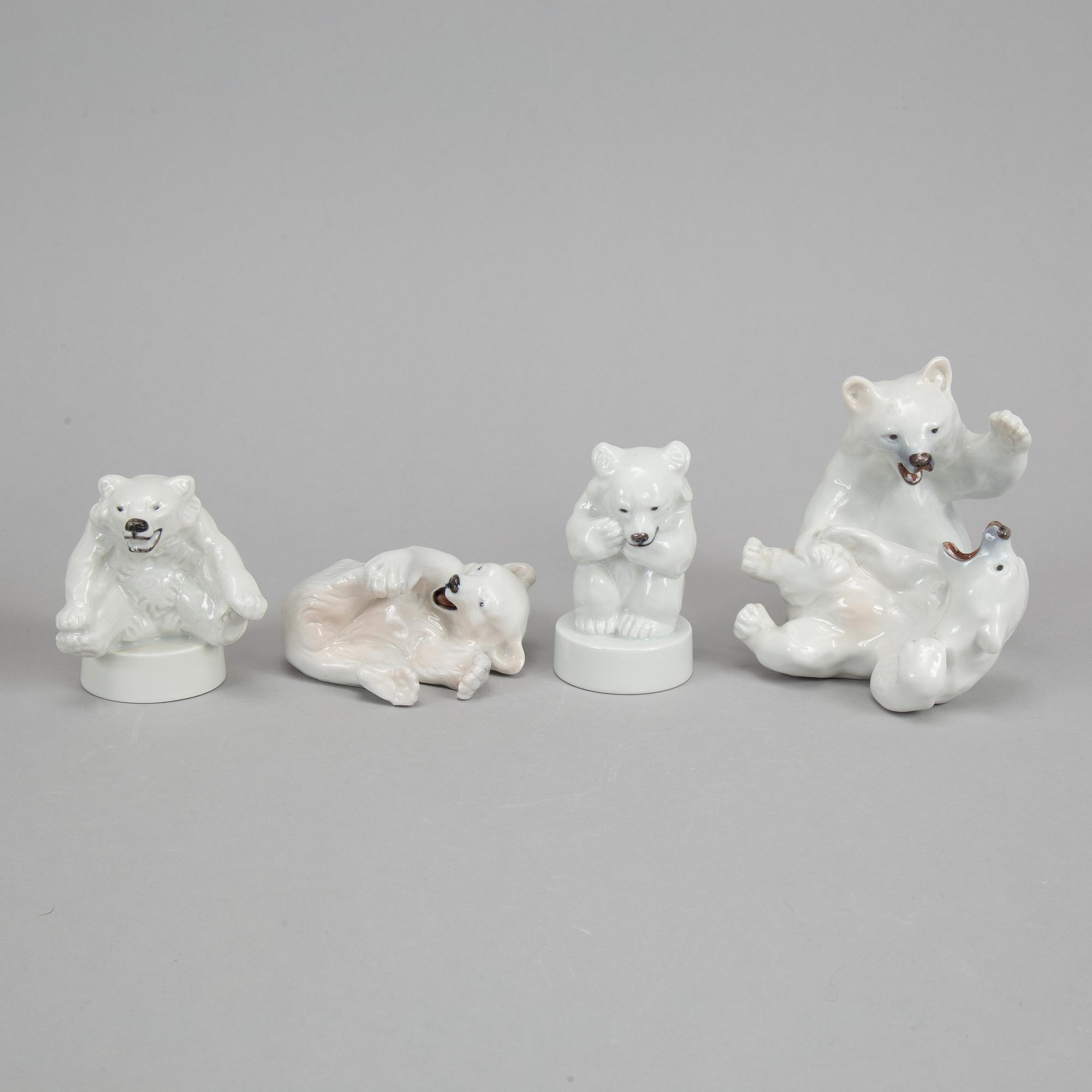 Royal Copenhagen, four porcelain polar bears, 085, 335, 346 and 729, Denmark.