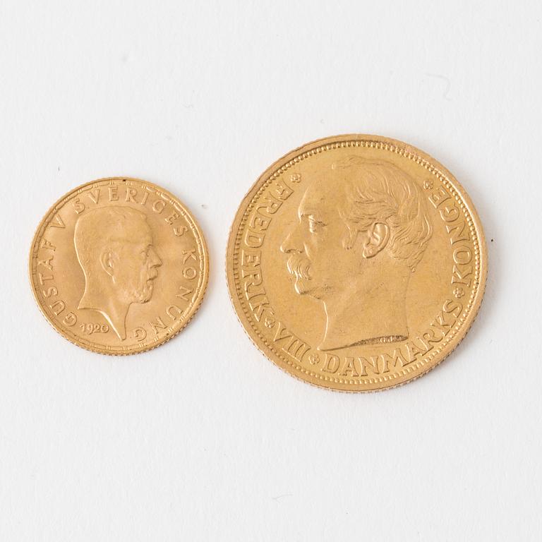 GULDMYNT, 20 kr, Fredrik VIII, Danmark, 1911, samt 5 kr, Gustav V, 1920.