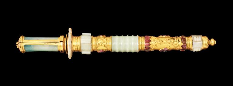 A gilt jade-mounted ceremonial double sword and scabbard with inlaid 'Gems', Qing dynasty.
