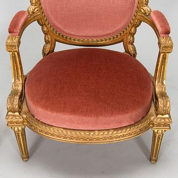 Armchair and stool, Louis XVI style, circa 1900.