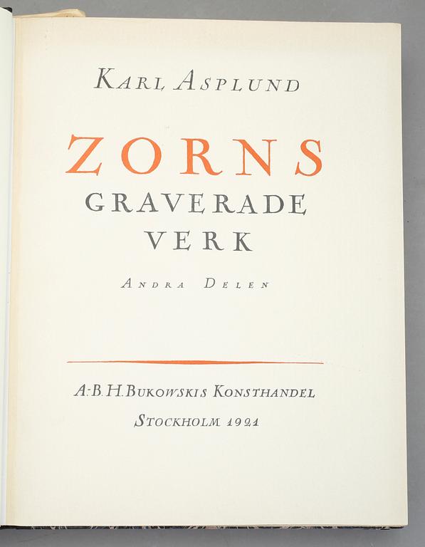 ZORNS GRAVERADE VERK, 2 band, "Beskrivande katalog", Karl Asplund, Stockholm, 1920-21.
