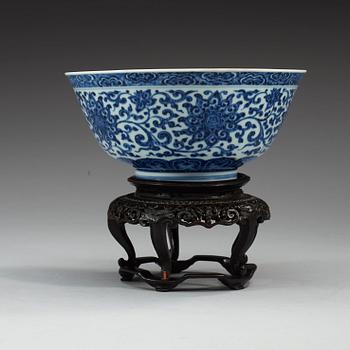 A fine blue and white 'Lotus' bowl, Qing dynasty, 18th Century, with Yongzheng six character mark.