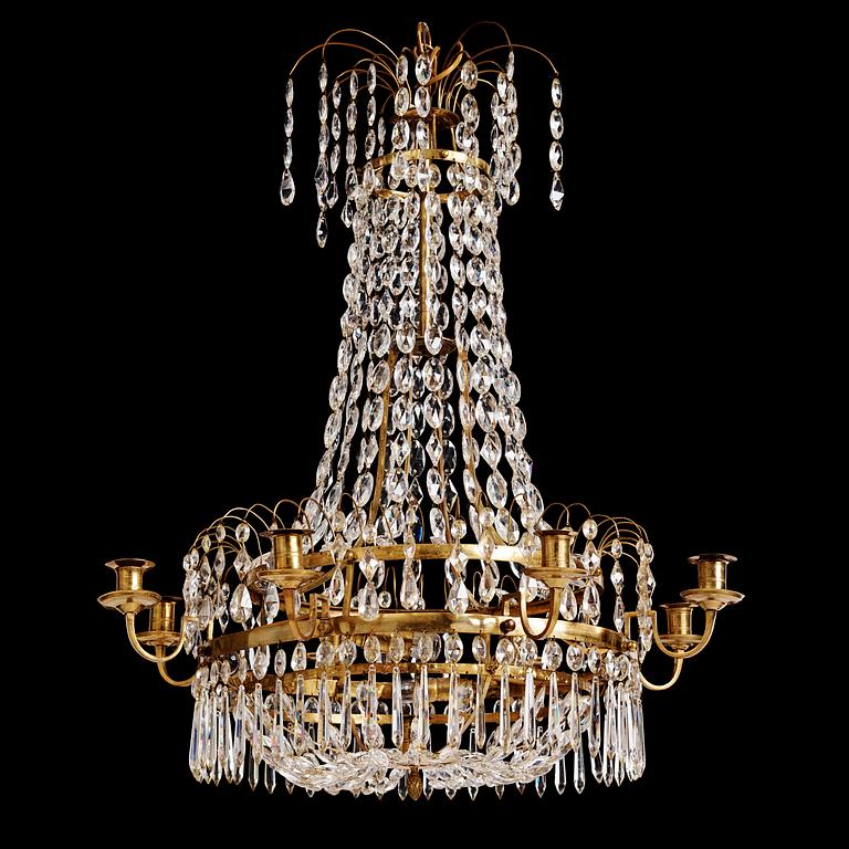 A late Gustavian nine-light gilt brass and cut glass chandelier, Stockholm, late 18th century.