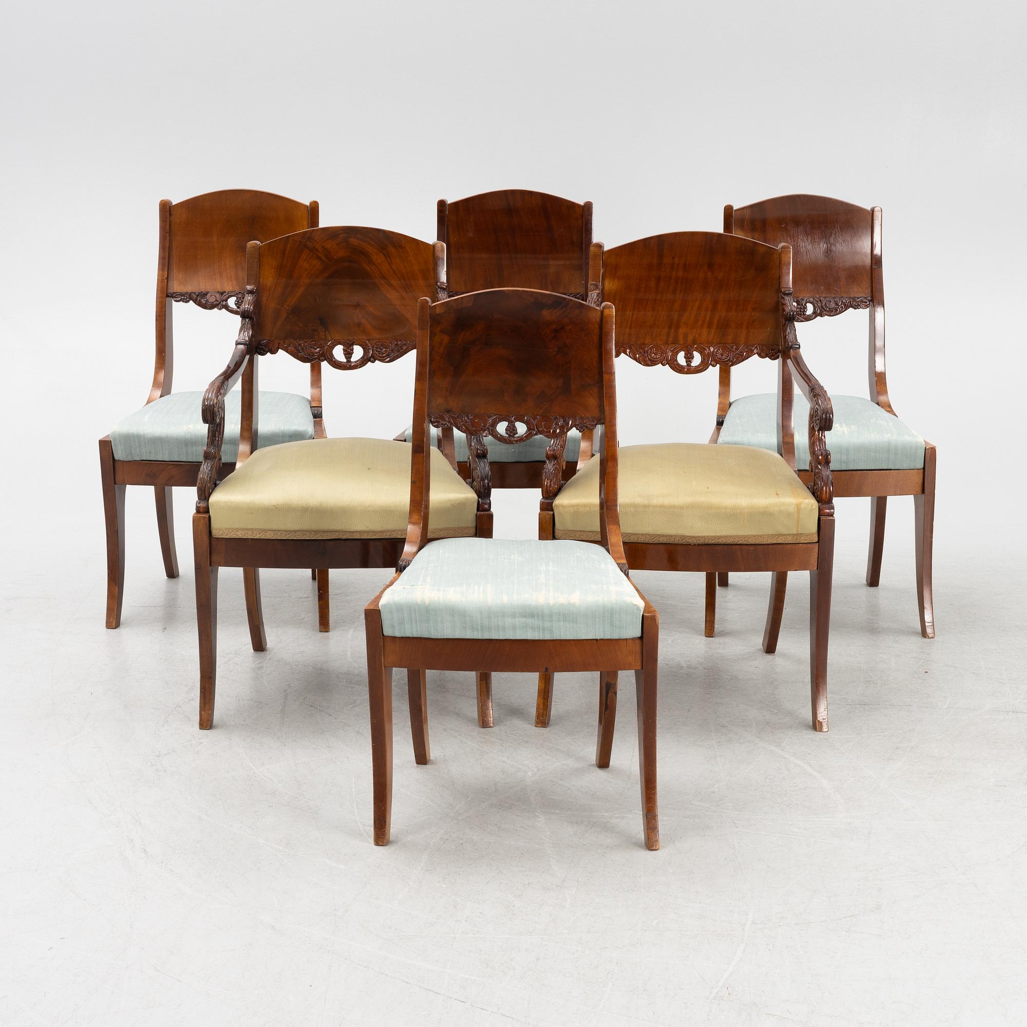 Stolar, 4 st samt ett par karmstolar, Ryssland/Baltikum, 1800-talets mitt, Empire.