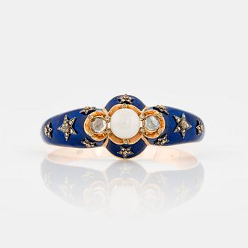 783. A BANGLE set with a pearl, rose- and old-cut diamonds and blue enamel ground.