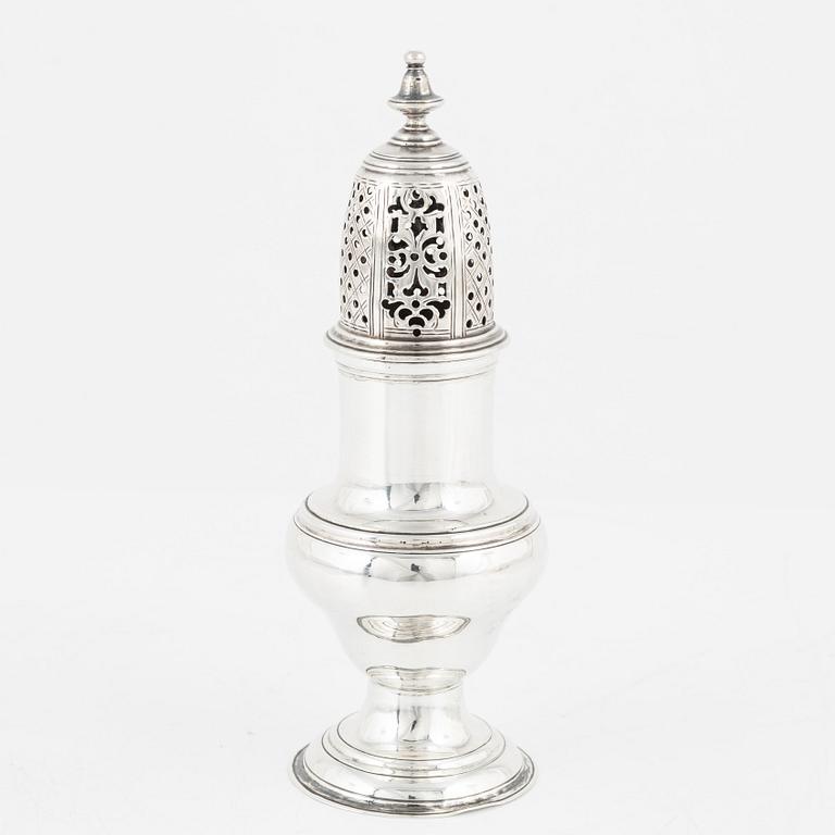 An English silver sugar shaker, marks of Benjamin Mordecai, London 1781.