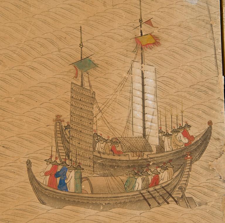 VIKSKÄRM, sex delar, tusch och akvarell på papper. Okänd Japansk konstnär, troligen 1600-tal.