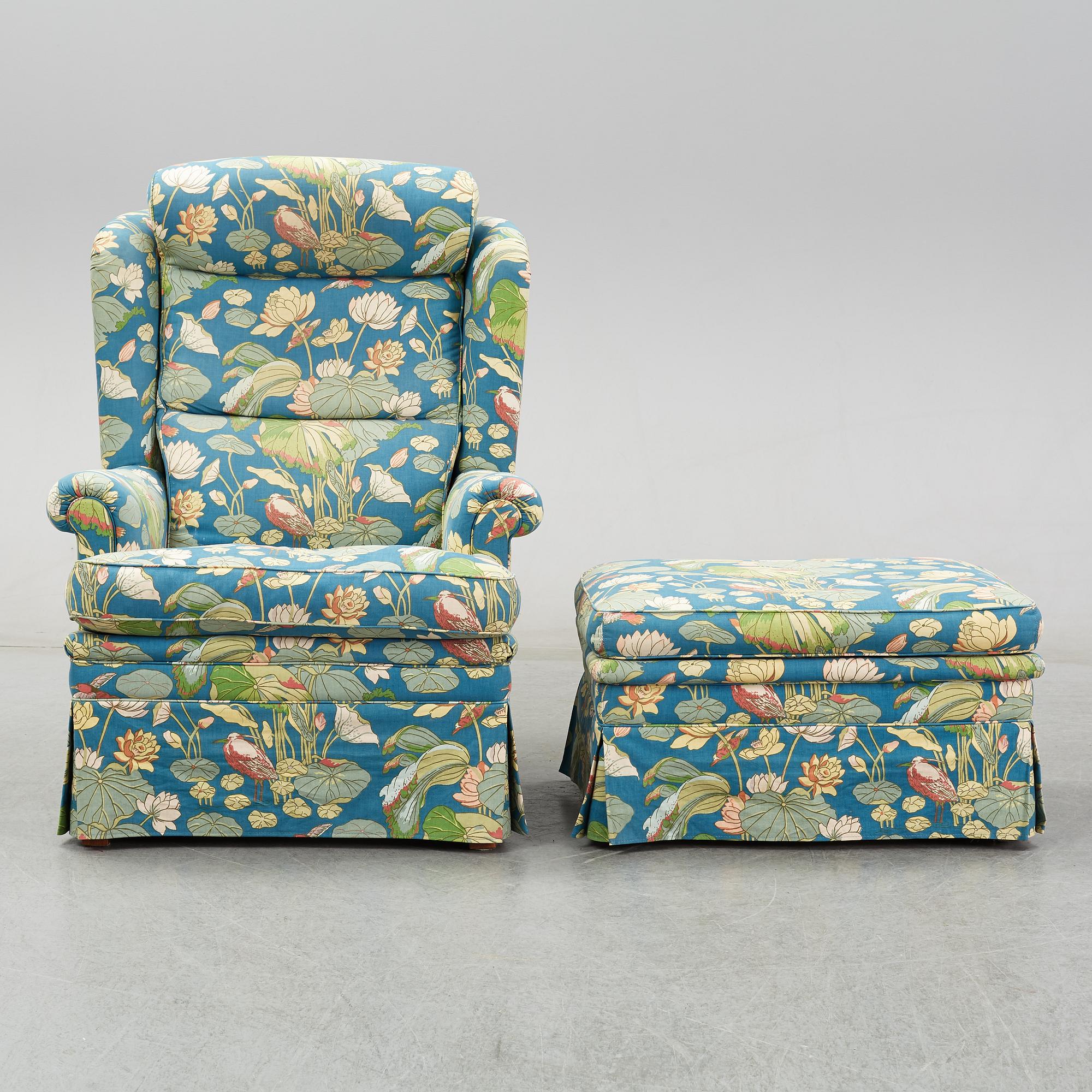 A Swedish armchair and stool, Norell Möbel, late 20th century.