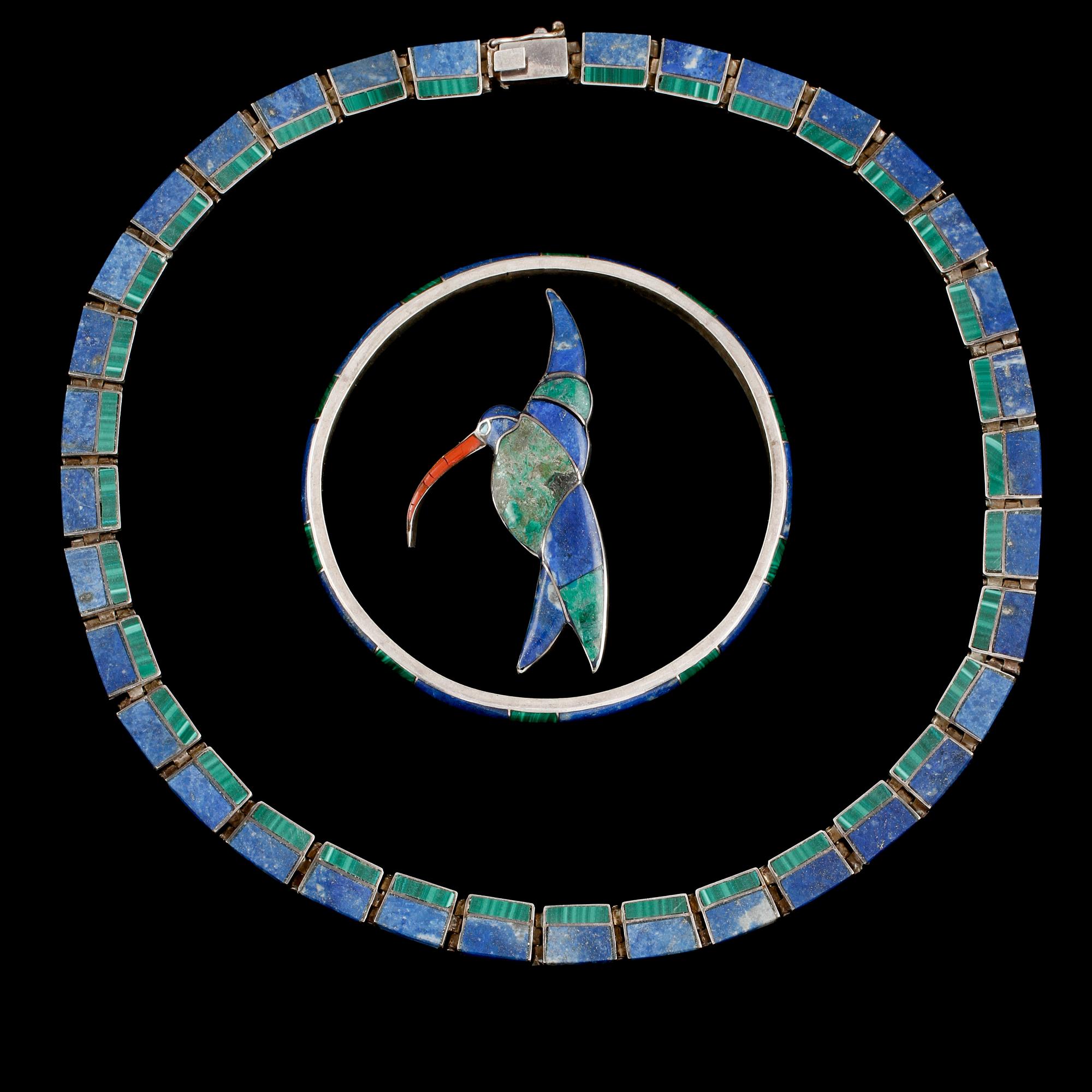 GARNITYR,  3 delar, silver malakit samt lapis lazuli. Vikt 70,4 g.