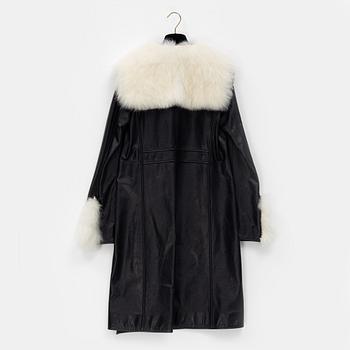 Chanel, A black leather coat with a sheepskin fur collar, size 34.