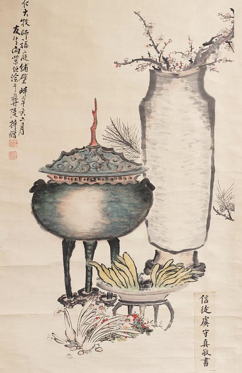 RULLMÅLNING, tusch och färg på papper, av Xiang Ziheng, Kina, signerad och daterad år 1911.