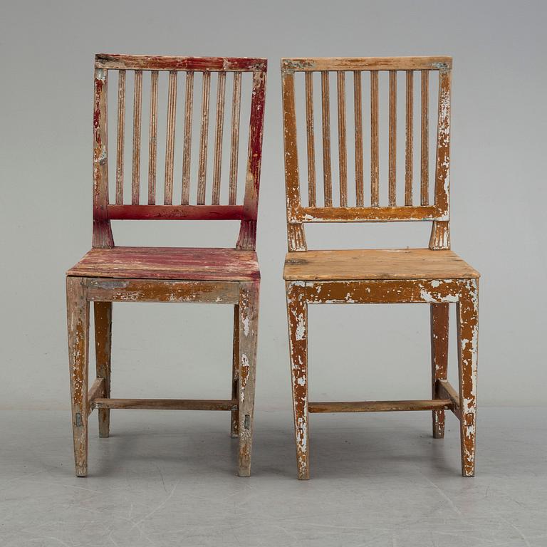 Five painted pine chairs, 19th Century.