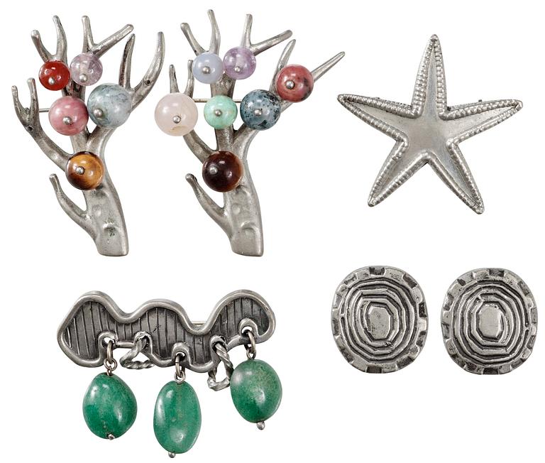 Estrid Ericson, An Estrid Ericson set of 5 pieces of pewter jewelry, designed for Svenskt Tenn, 1950's.
