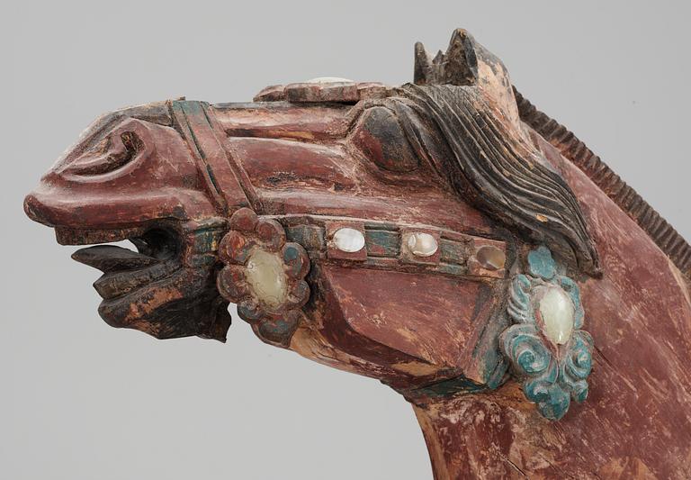 A large jade and agathe inlayed wooden carparisoned sculpture of a horse, presumably Ming dynasty.