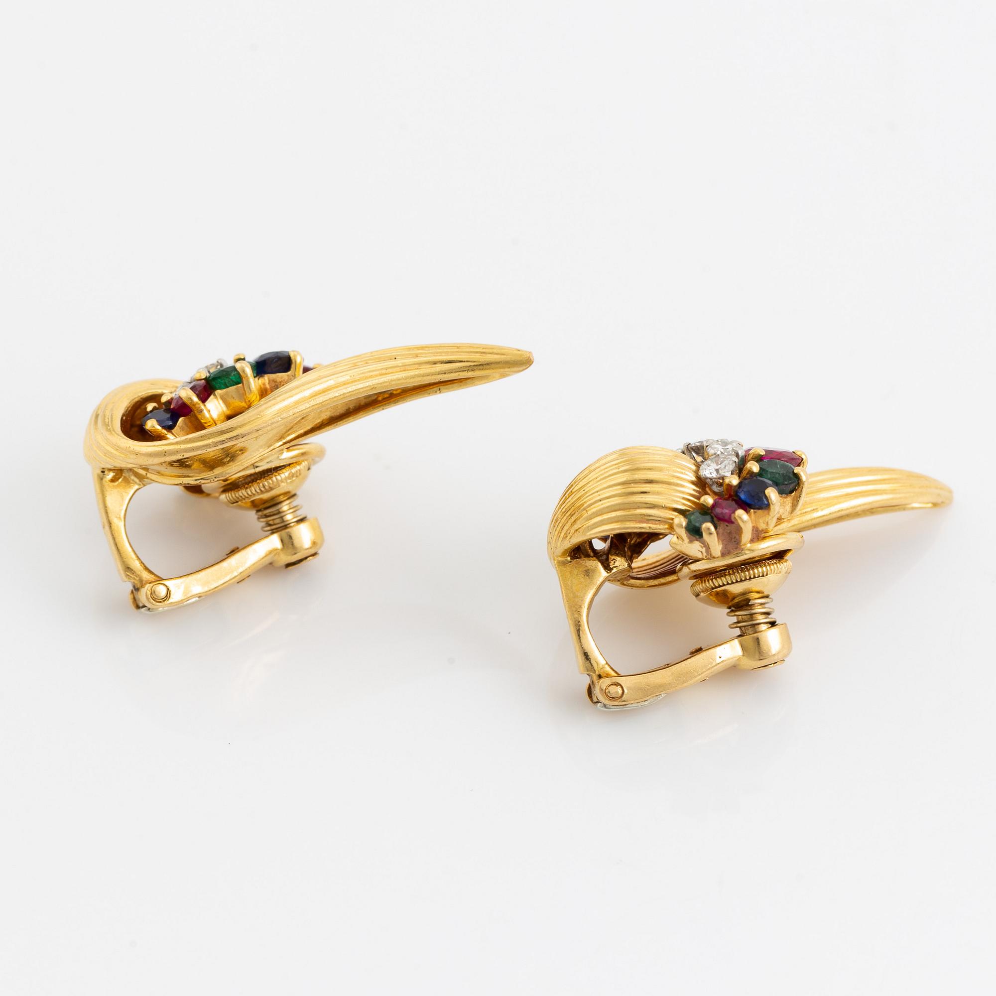 A pair of 18K gold earrings set with round brilliant-cut diamonds and colored stones.