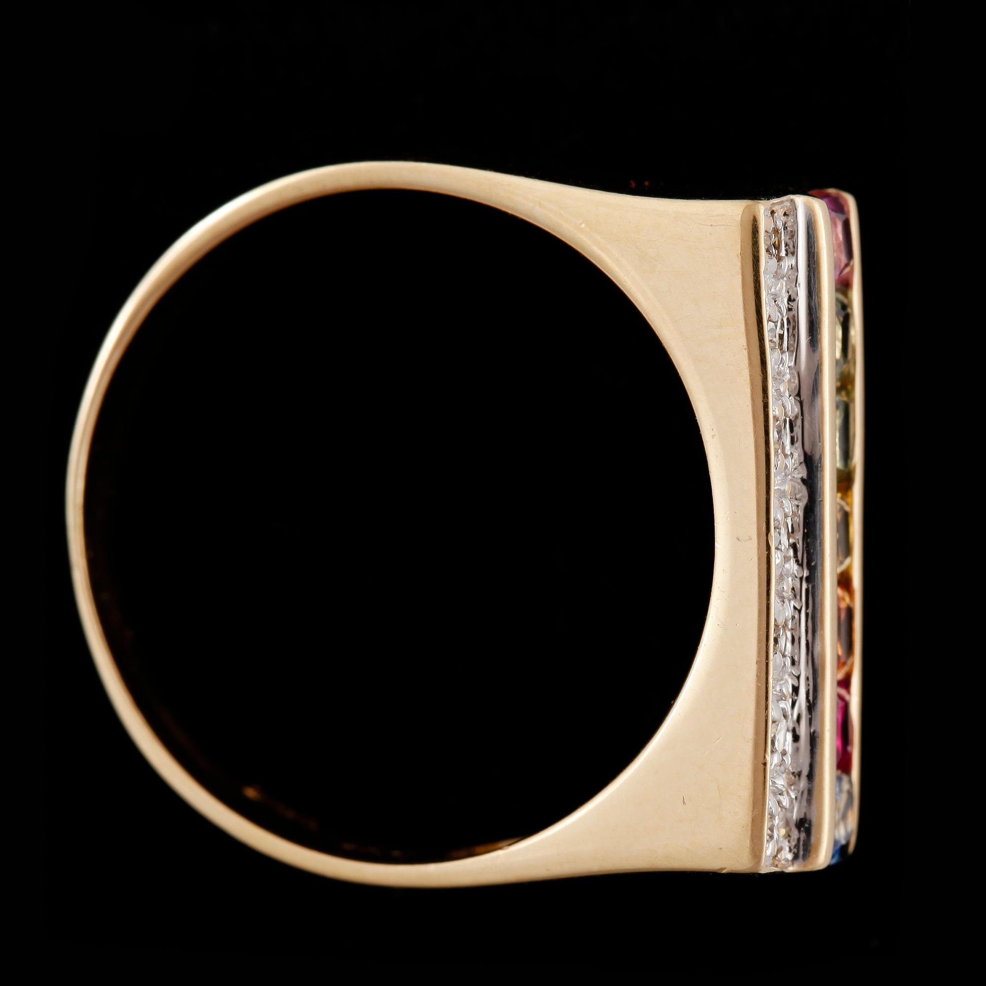RING, 14k guld med flerfärgade safirer och briljantslipade diamanter. 2000-tal. Vikt 4,4g.