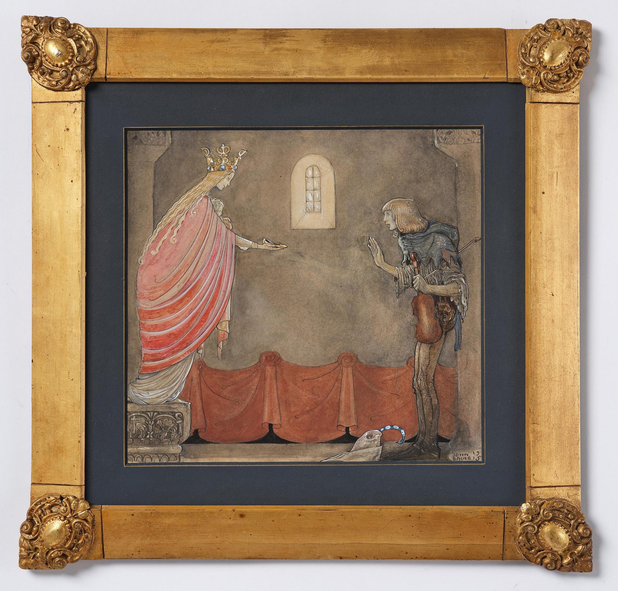 John Bauer, "Madonnan ger spelmannen sin ena sko" (from "Spelmannen som fick madonnans guldsko").