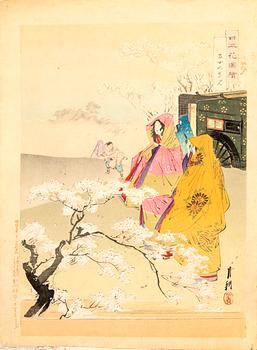 Ogata Gekko, three color woodblock prints, Japan 1890s.