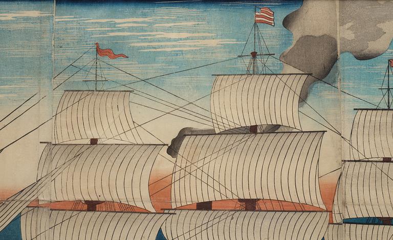 YOSHIKAZU (act.1850-1870), triptyk, färgträsnitt. Japan, 1861.