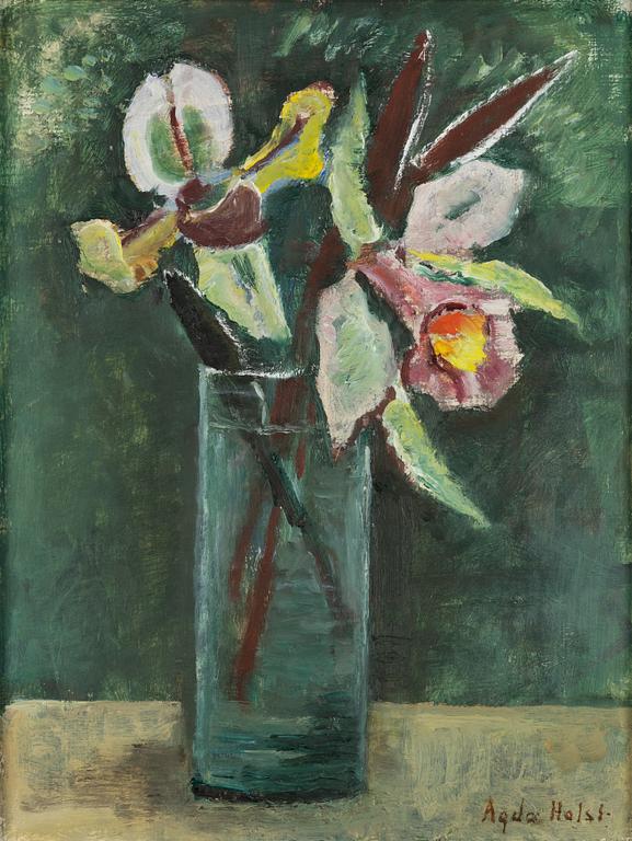Agda Holst, Flowers with a green background.