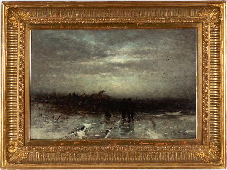 Ludwig Munthe, Twilight Landscape with Hunters on a Frozen Lake.