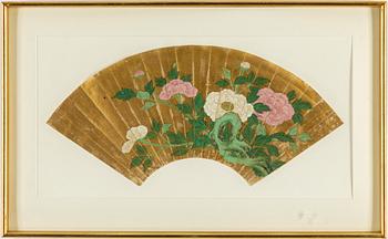 Two Chinese fan shaped paintings, ink and colour on paper, early 20th century.