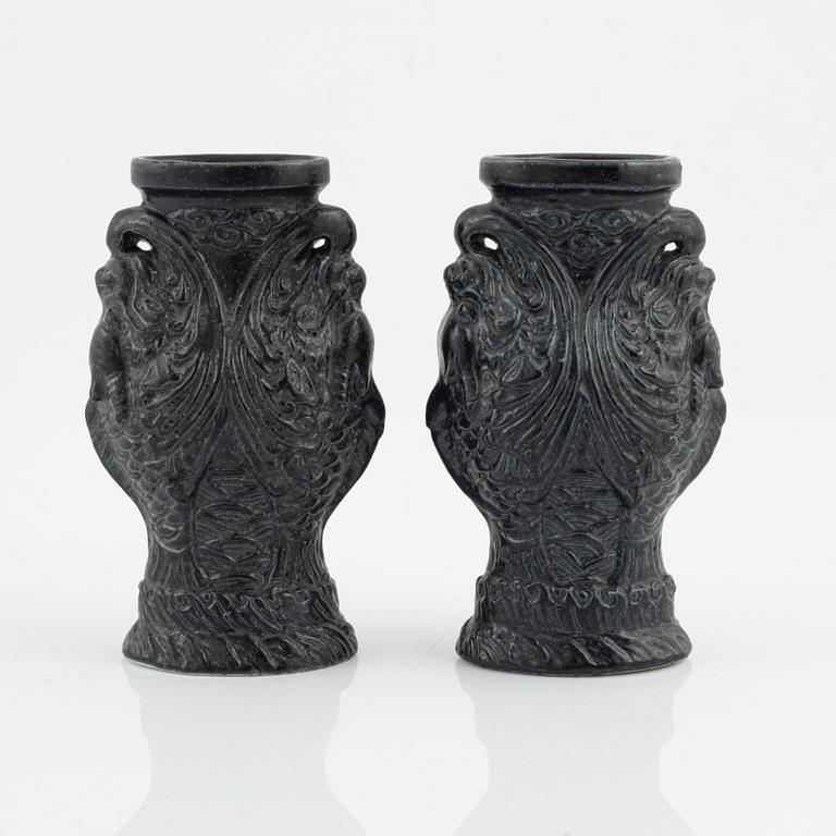 A pair of Chinese double dragon-fish vases with seal marks, 20th Century.