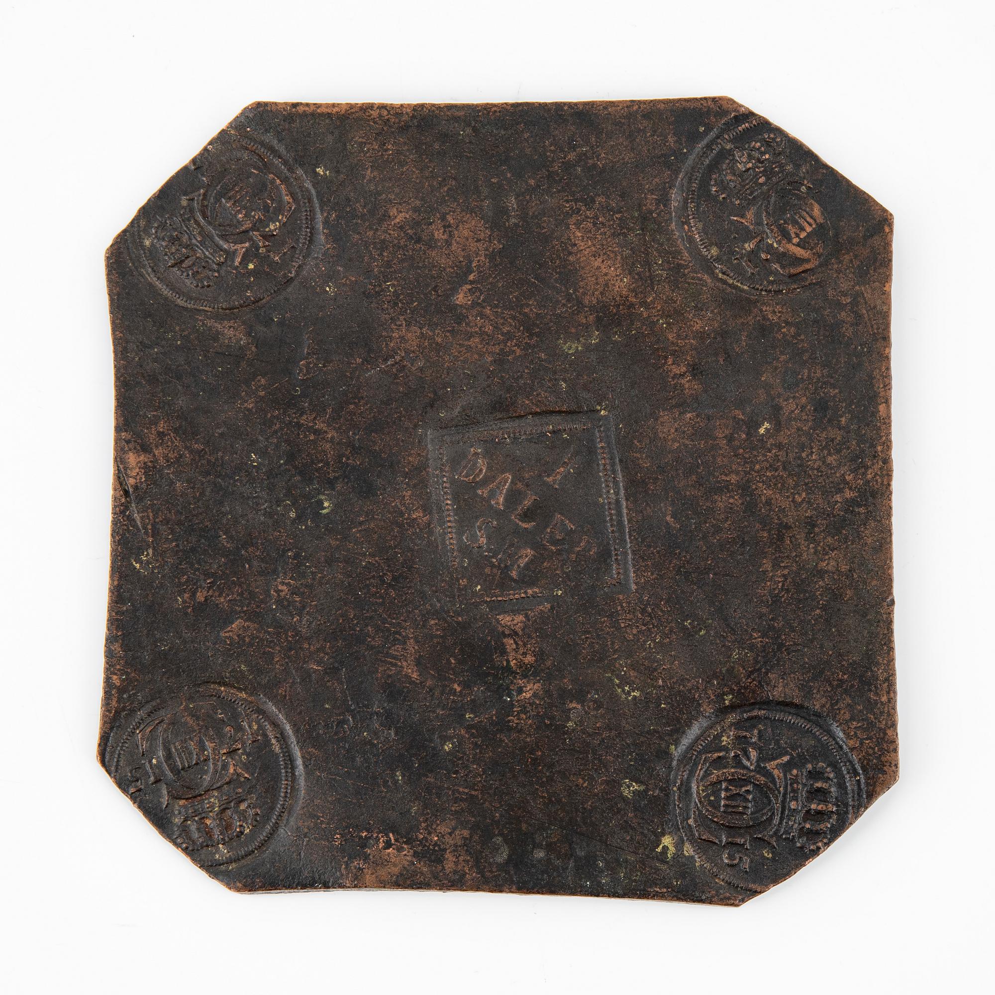 A Swedish plate coin, 1 daler SM, 1715.