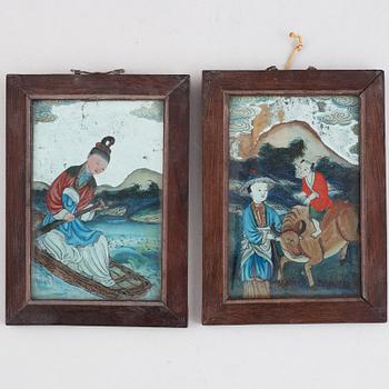 Five Chinese reverse glass paintings, 20th century.