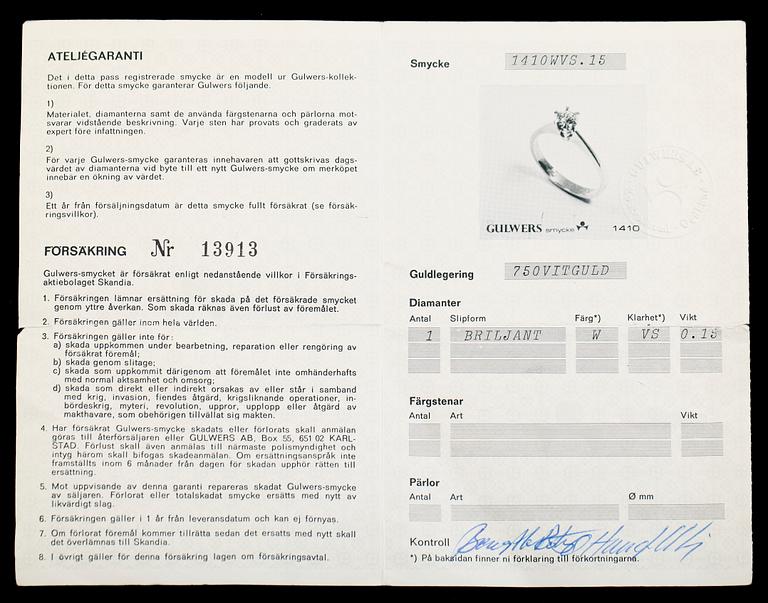 RING, 18 k vitguld med briljantslipad diamant 0.15 ct WVS, 1900-talets andra hälft. Total vikt ca 1 gram.