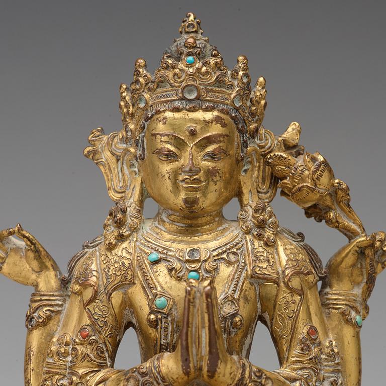 SADAKSARI AVALOKITESHVARA, förgylld kopparlegering. Tibet/Nepal, 1400-tal eller äldre.