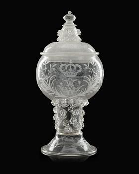 629. A large engraved late baroque armorial goblet with cover, Kungsholms glasbruk, first half of 18th Century.