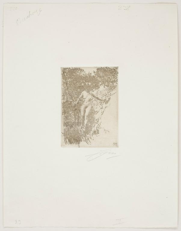 ANDERS ZORN, etsning, signerad med blyerts. Utförd 1911. Thorsten Laurins samlarstämpel.