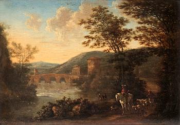 302. Willem de Heusch Hans efterföljd, Italiserande landskap med resande sällskap och boskap.