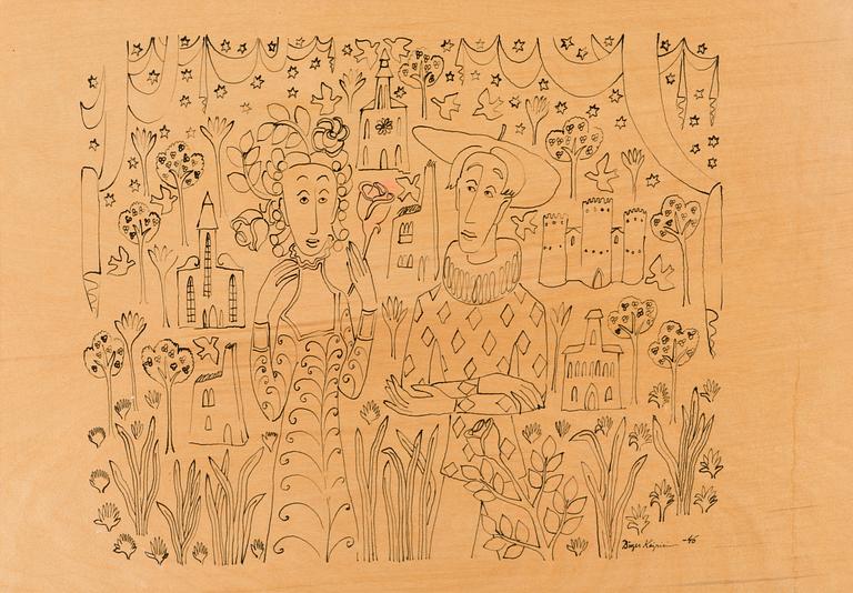 Birger Kaipiainen, drawing, black ink on plywood, signed and dated -46.