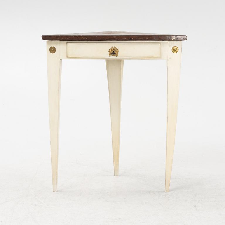 A Gustavian corner table with av stone top, end of the 18th Century.