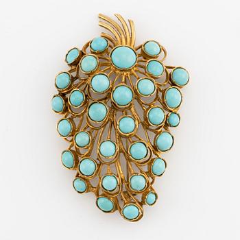 Brooch, 18K gold with turquoises.