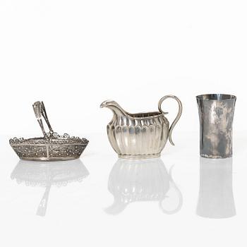 Three cups, dish, basket, jug, bowl, and ring holder, silver.
