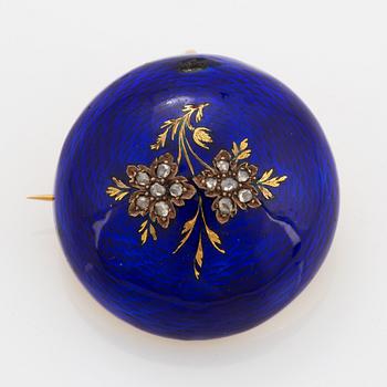 Brosch/hänge, himmelsblå emalj med rosenslipade diamanter. 1800-tal.
