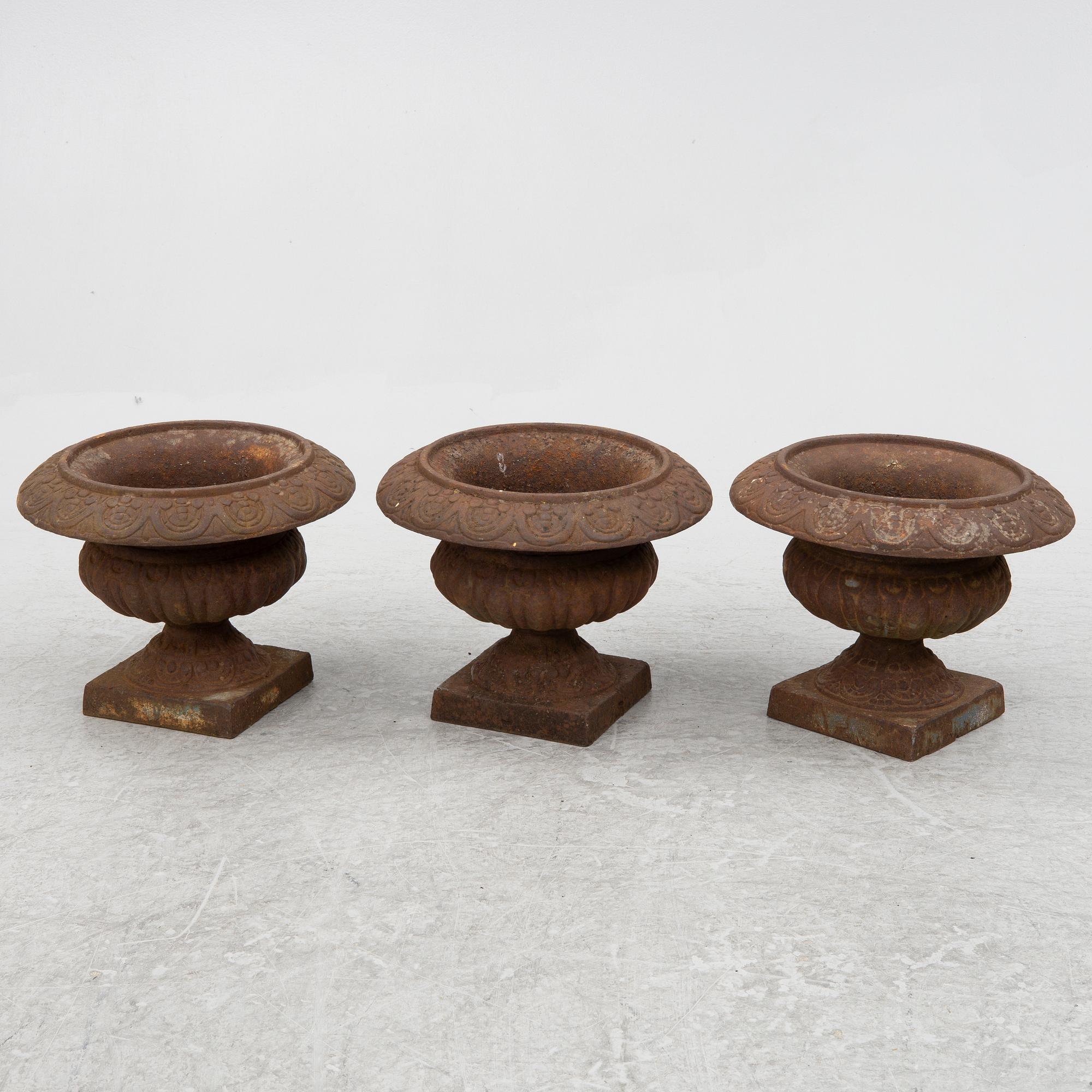 Garden urns, 3 pcs, cast iron, late 20th century.