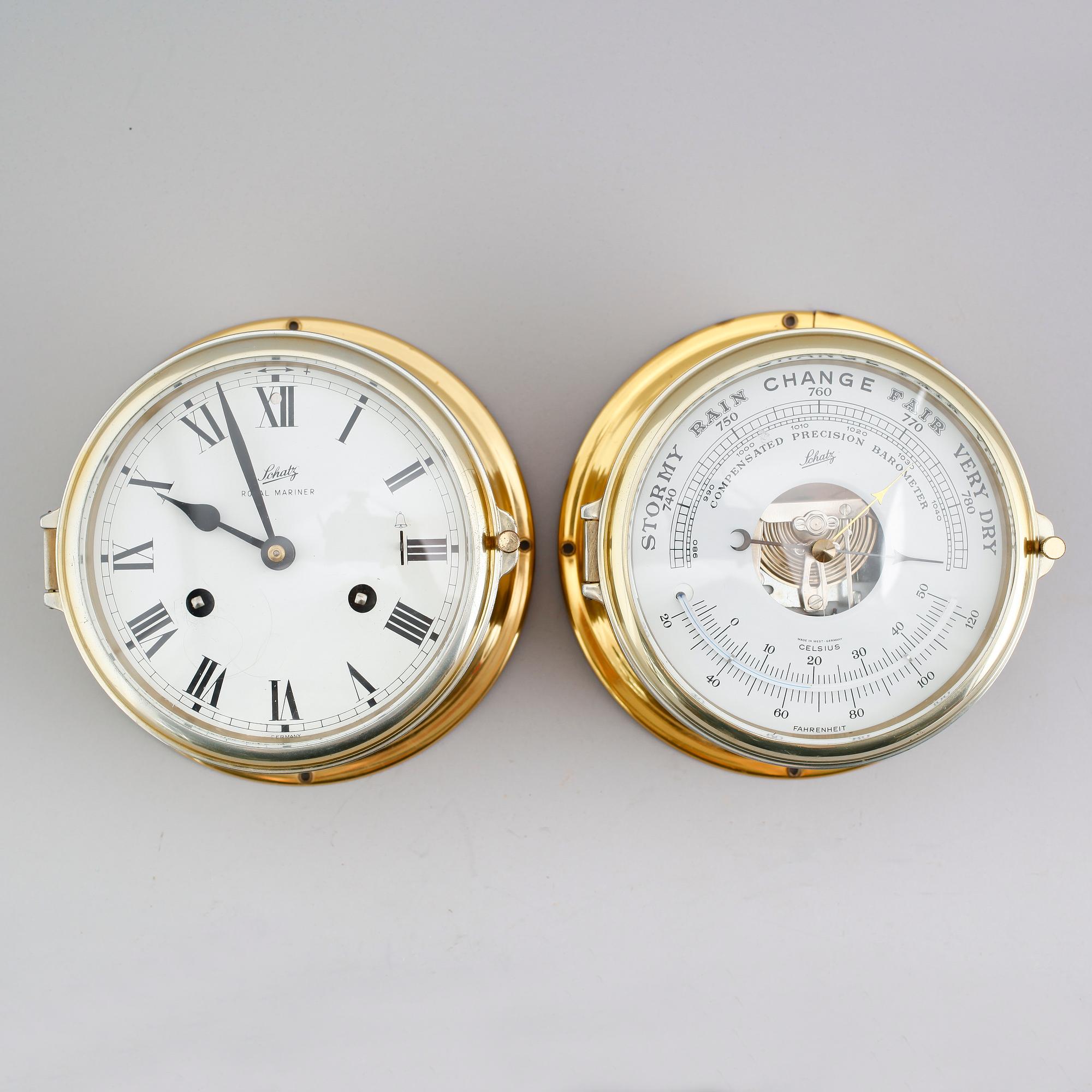MARINBAROMETER OCH VÄGGKLOCKA. Schatz, Royal Mariner, 1900-talets mitt.