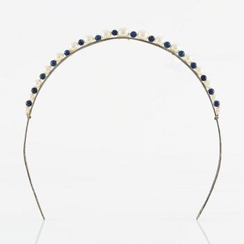 Diadem, Carlman, silver with cultured pearls and lapis lazuli.