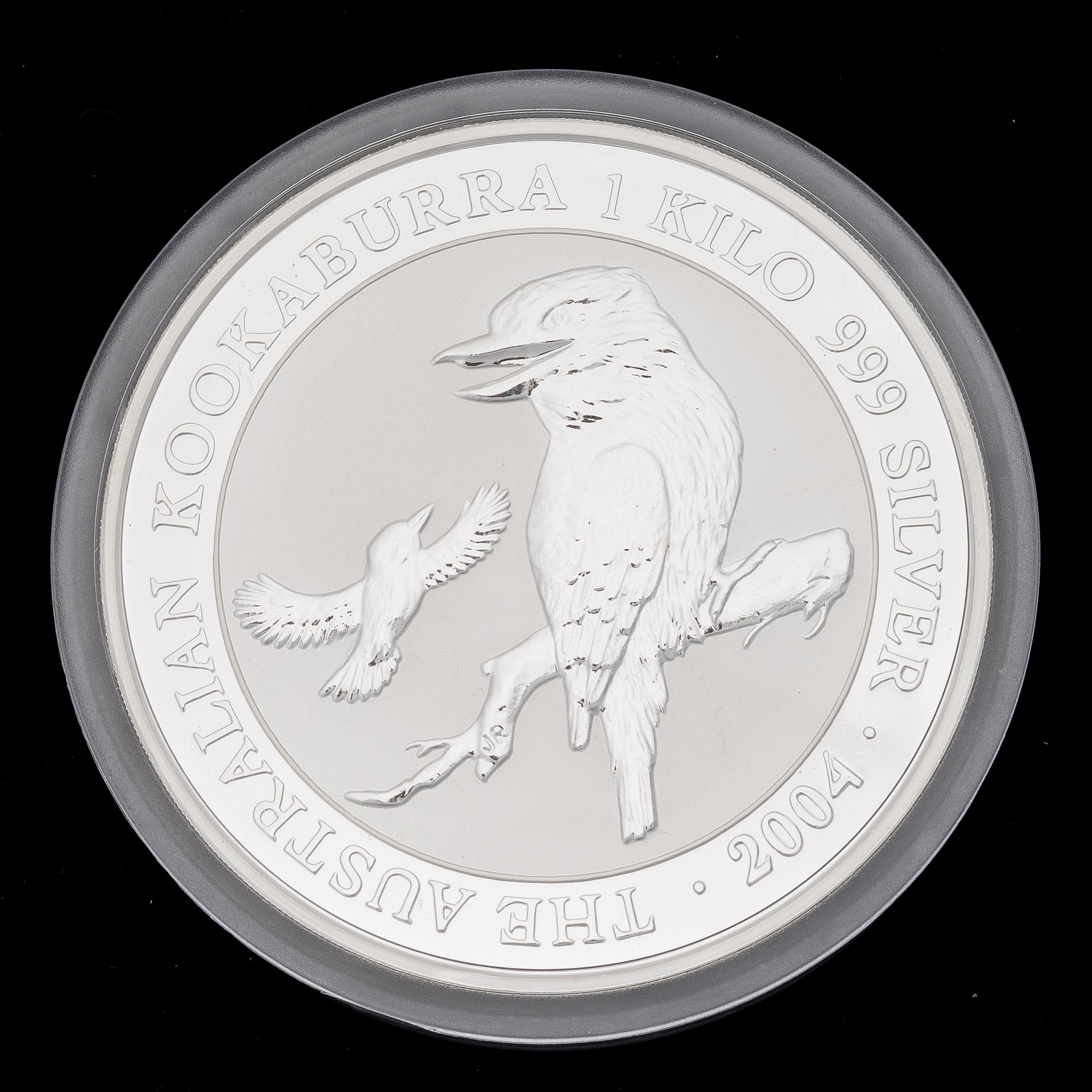 SILVERMYNT, 2004 1 kg Kookaburra-mynt, tillverkare Perth Mint, Australia, silverhalt 999.