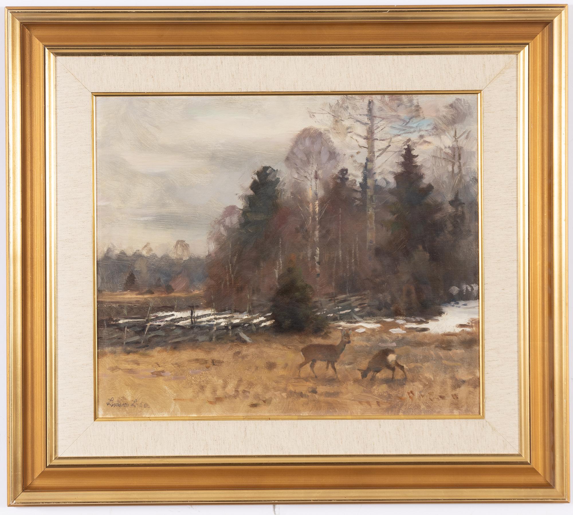 Lindorm Liljefors, Roe deer in a spring winter landscape.