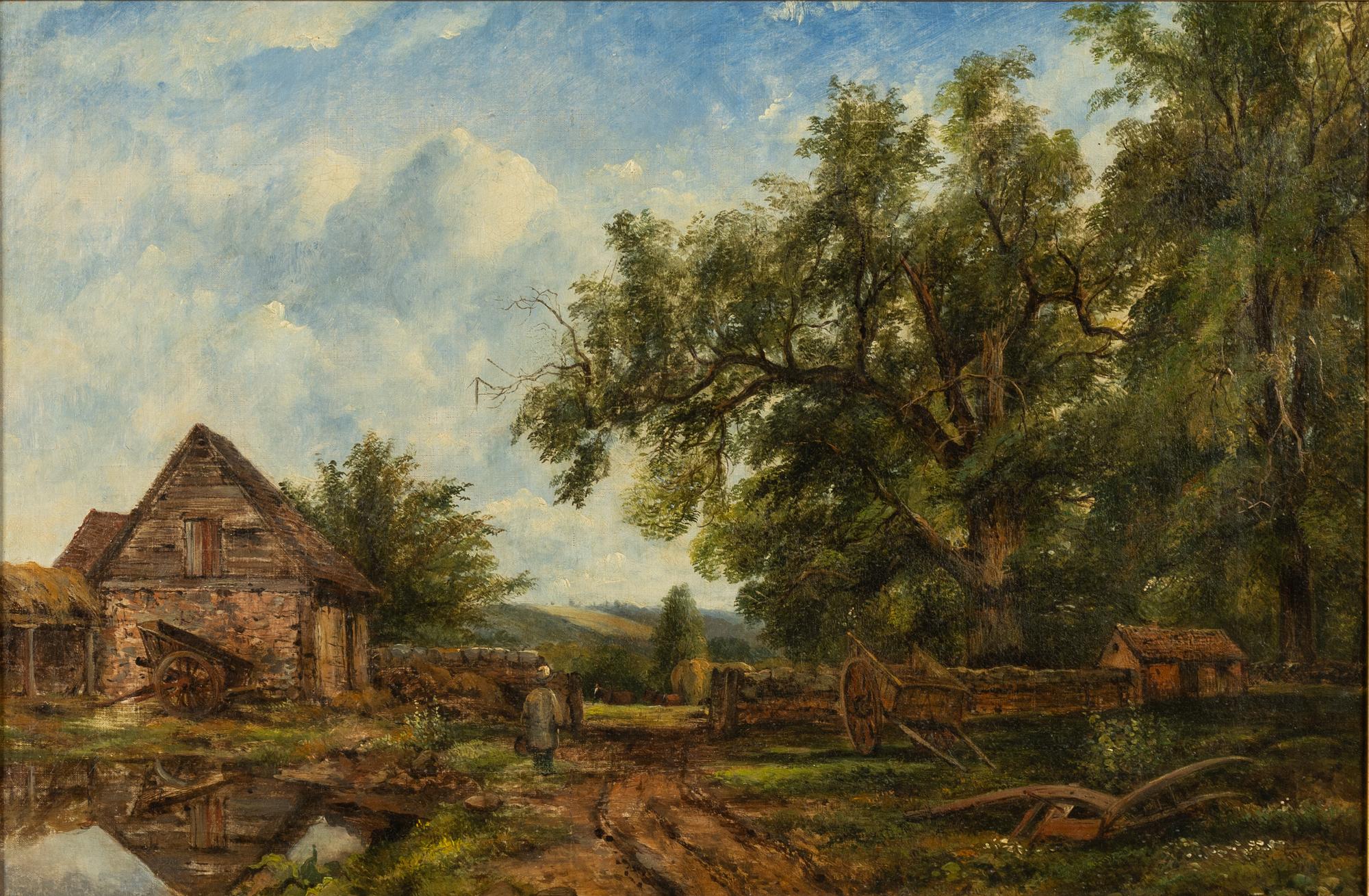Frederick William Watts, attributed, Landscape with figure by a farmhouse.