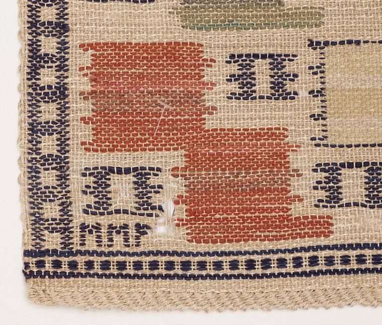 WEAVINGS, 3 pcs., Two "Skaftblomman", 133,5 x 48 and 41 x 39,5 cm. One "Lövendal", 38,5 x 40,5 cm. Flat weave (inplock på linnebotten). Signed MMF.