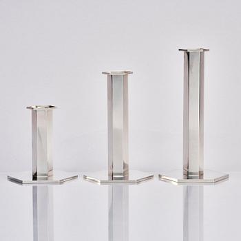 Wiwen Nilsson, a set of three sterling silver candlesticks, Lund 1973-1974.