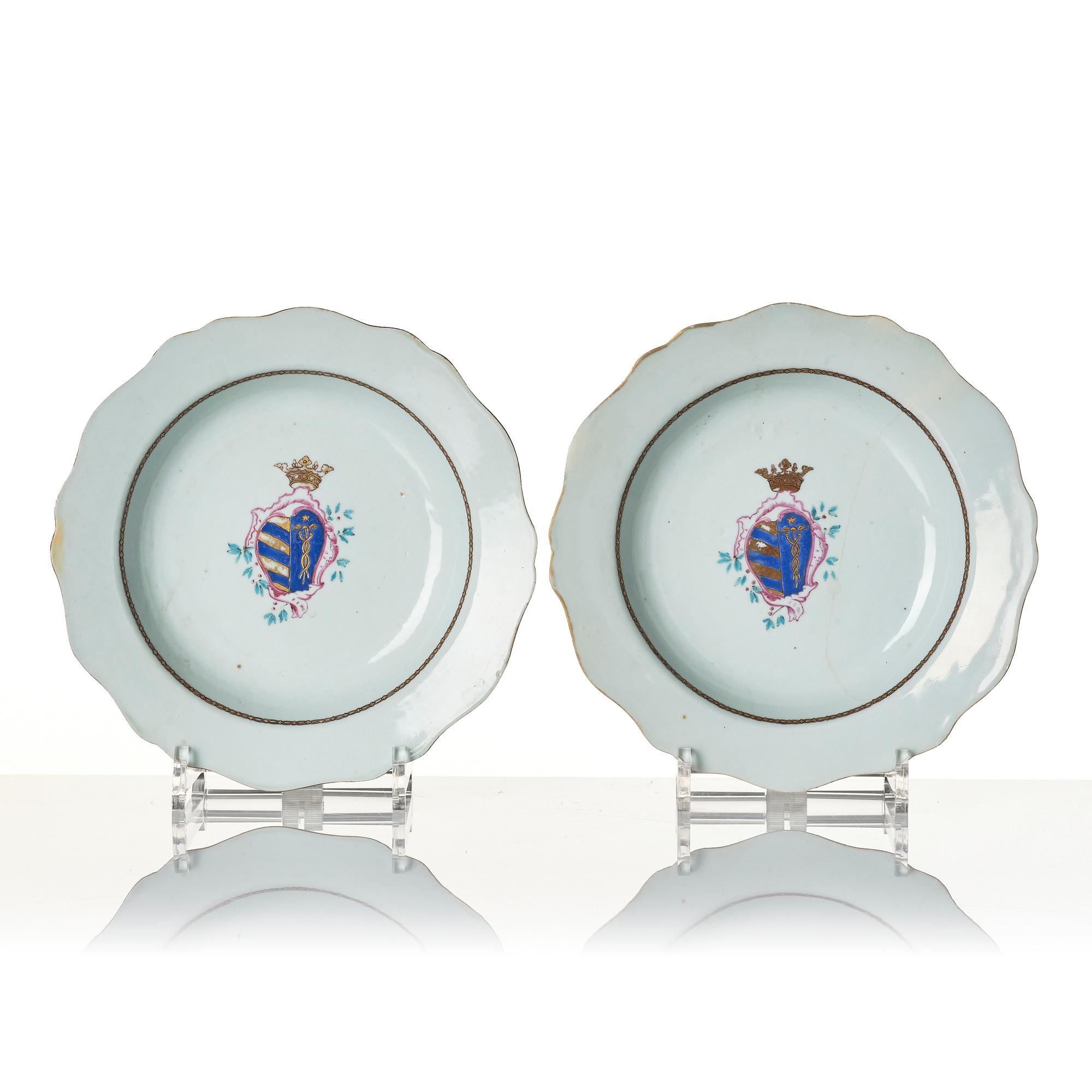 A pair of Chinese famille rose armorial plates, Qing dynasty, Qianlong (1736-95).